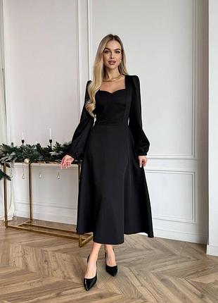 Женское вечернее праздничное нарядное платье миди с длинным рукавом черная
