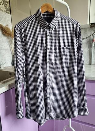 Брендовая базовая топовая хлопковая рубашка в клетку в мелкую клетку под запонку shirt м m m&amp;s манжет запонки long на высокий рост