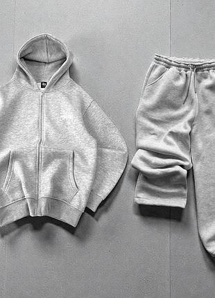 Спортивний костюм жіночий / чоловічий сірий меланжевий з капюшоном на флісі теплий осінній весняний зимовий зіп