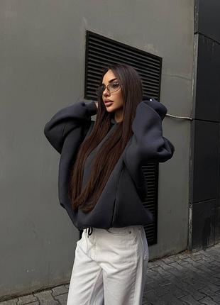 Женский качественный теплый худи с капюшоном оверсайз с начесом темно-серый графитовый