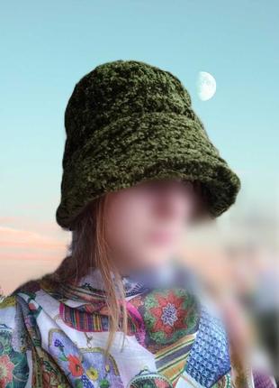 Тёплая меховая шляпа панама зелёная/женская плюшевая шапочка с полями1 фото