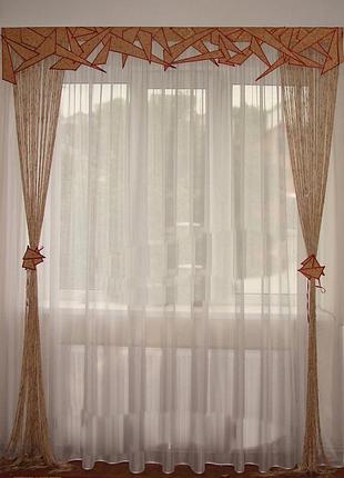 Жесткий ламбрекен с нитями firanka abstract 2м песочный с терракотовым (90ж)