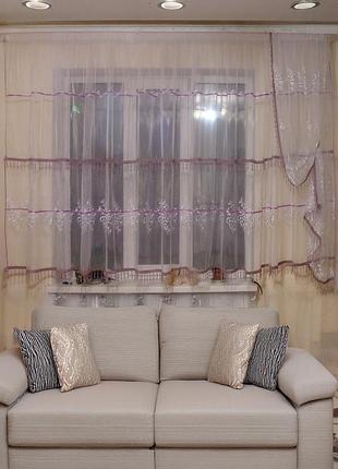 Комплект тюль с шторкой до подоконника firanka damask карниз 300см белый с фиолетовым (90_1к)
