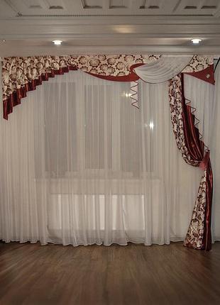 Жесткий ламбрекен с шторой firanka стайл 3м золотой с бордовым (71_2ж)