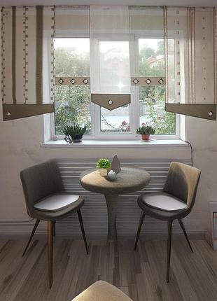 Комплект панельных занавесок firanka полоска и квадратики 5шт карниз 250см оливковый с молочным (11_7п)