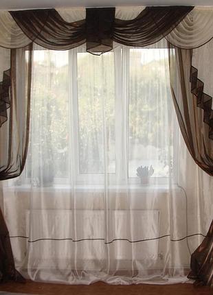 Комплект штор тюль и ламбрекен firanka classic органза карниз 250см шоколадный с бежевым (65к_2,5м)