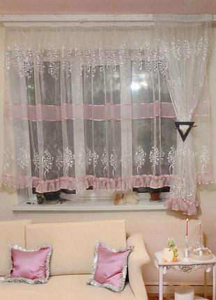 Комплект тюль с шторкой до подоконника firanka damask карниз 200см белый с с розовой оборкой (90_2к)