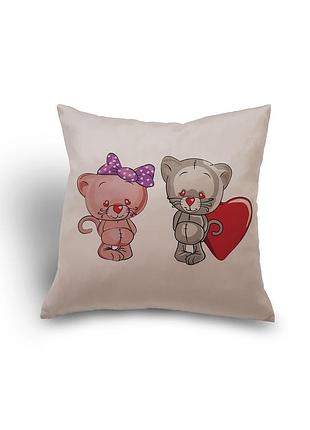 Декоративная подушка в подарок firanka влюбленные котики 1шт 35х35см молочный с красным и пудровым (па_12)