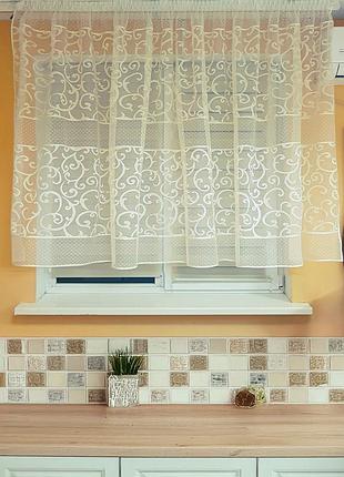Тюль до подоконника firanka ажур завитки карниз 200см молочный (22_4а)