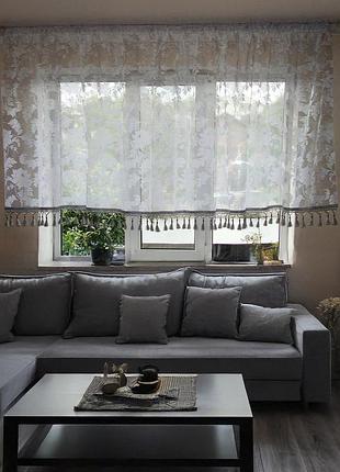 Тюль до подоконника со стеклярусом firanka листочки карниз 200см белый с серебристым (19_4а)