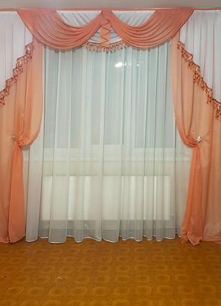 Комплект ламбрекен шторы 2шт и тюль firanka classic карниз 250см терракотовый шифон (61к_2,5м)