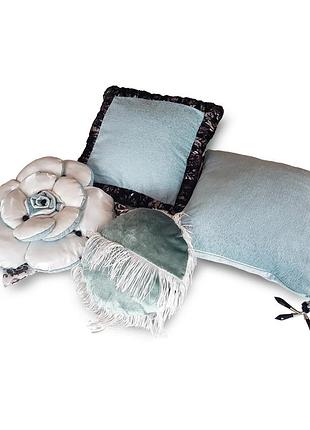 Комплект декоративных подушек firanka made 38х38см 2шт 28х28см 1шт 35х35см 1шт бирюзовые с молочным (п_0567)