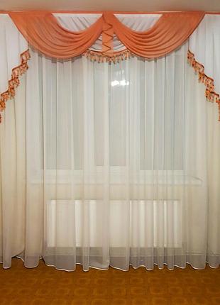 Ламбрекен firanka классика с бахрамой карниз 250см терракотовый шифон с кремовым (61_1к_2,5м)
