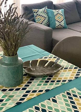 Комплект для сервировки firanka ромбики скатерть 1шт, раннер 1шт прихватка 1шт, бирюзовый (10_6с)