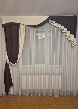 Жесткий ламбрекен 250см с шторой firanka люкс шоколадный c молочным (1_3ж)
