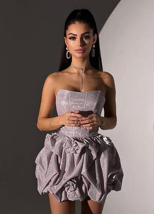 Блискучий люрексовий комплект корсет + спідниця з трояндами, вечірній костюм з корсетом та юбкою на свято, новий рік, фотосесію