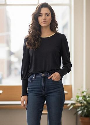 Wyse тоненька тканина льон светр темно синій якісний прозорий з цікавими рукавами на резинці