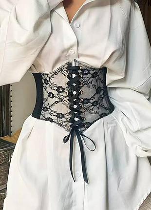 Черный кружевной корсет с прозрачной подкладкой и атласными завязками, акцентный корсет для женщин