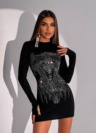 Сияющее вечернее черное платье мини со стразами, праздничное короткое платье с камнями на вечеринку, новый год, фотосессия