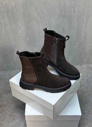 Жіночі шоколадні черевики із натуральної шкіри та замші 3117