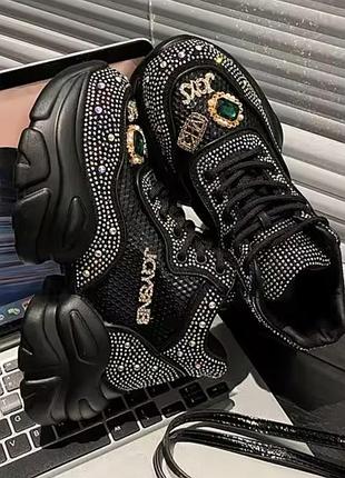 Чорні кросівки на платформі камні стрази блискучі