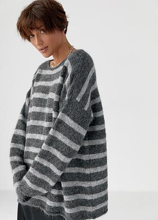 Тепла в'язана кофта oversize у смужку, теплий светр подовжений, теплий маетр джемпер жіночий