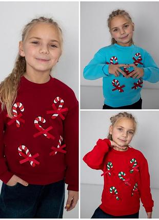 Теплий світшот з начосом для дівчаток зі святковим накатом та бантиками, теплый свитшот с начёсом на девочку с новогодним накатом и бантиками