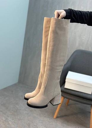 Жіночі чоботи із натуральної замші на зручних підборах 724