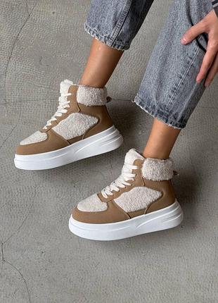 Кросівки тедді жіночі коричневого кольору з хутром, хайтопи, черевики