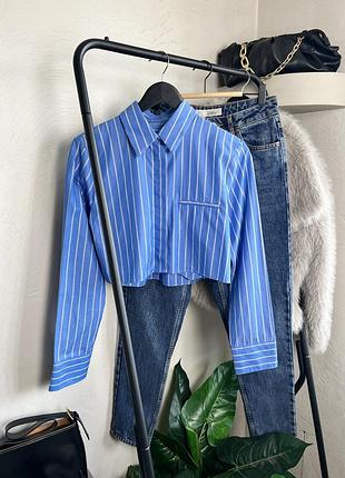 Сорочка жіноча zara котонова в смужку вкорочена синя в білу полоску