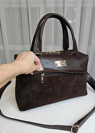 Большая шоколадная замшевая сумка-шоппер с экокожей — стильная, офисная