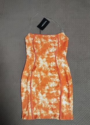 🧡 платье prettylittlething (новое) - женское, облегающее, мини, с прозрачными бретельками | оранжевый | размер s (uk 8 / 44)
