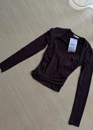 Лонгслів zara шоколадного кольору розмір s xs новий лонг кофта топ