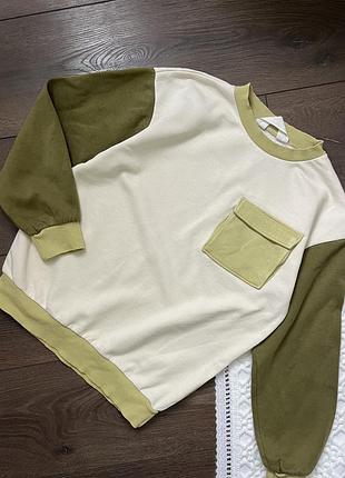 Світшот реглан кофта для хлопчика h&m 8 9 10 років 134 140 см молочний білий зелений салатовий оливковий хакі