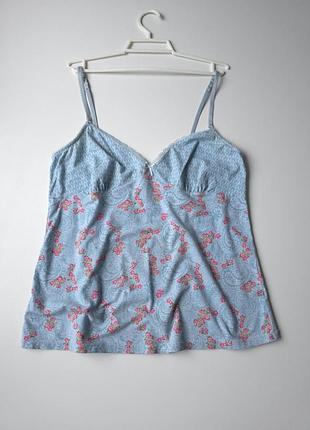 Майка натуральная голубого цвета в цветы.