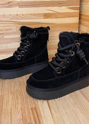 Уггі жіночі на шнурках замшеві чорні