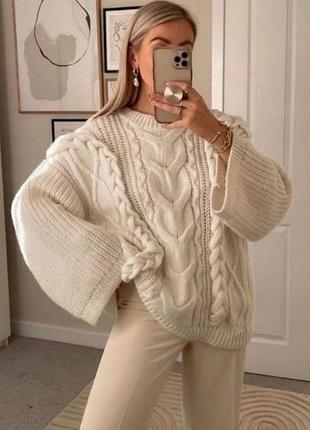 Белый свитер вязаный оверсайз шерсть молочный h&amp;m