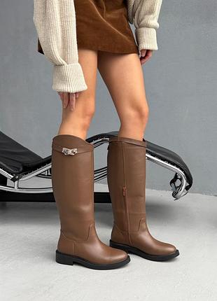 Сапоги женские орехи кожа / формованные сапоги жокейки орехового цвета демисезон / зимние сапоги жеокейки орех