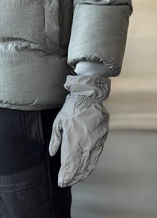 Зимние мужские варежки stone island серые рефлективные стон айленд на флисе (b)