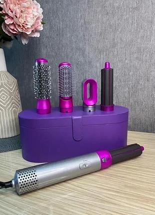 Стайлер + коробка 5в1 hair brush styler для различных типов волос с функциями придания объема, выпрямления, укладки фиолетовый