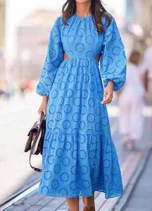 Длинное голубой сарафан платье макси из выбитого хлопка прошвы вышивки zara