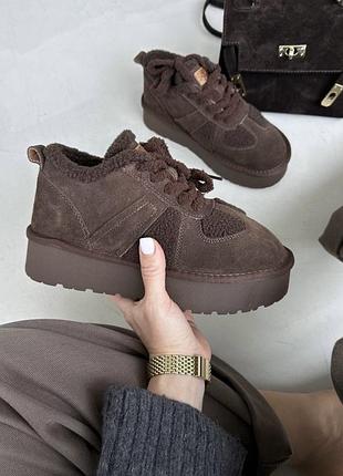 Черевики кросівки кеди замшеві зимові з хутром коричневі | шоколадні жіночі теплі