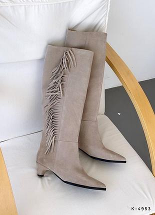 Накладной платеж ❤ итальянская замша натуральные высокие сапоги колбойки казаки на низком каблуке демисезонные и зимние утепленные байкой мехом бахромой