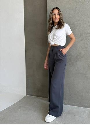 Широкие брюки палаццо удобные защипами высокая посадка серые брюки