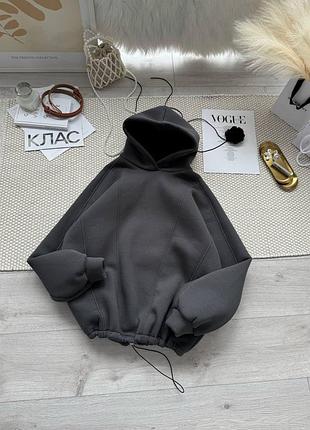 Худи женское серое графитовое с капюшоном оверсайз на флисе теплое осеннее весеннее зимнее