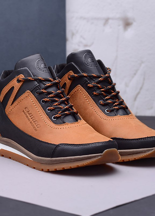 Зимние ботинки кроссовки мужские рыжие натуральная кожа набивной мех 124