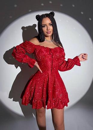 Красива міні сукня з люрекса з довгими рукавами та відкритими плечима