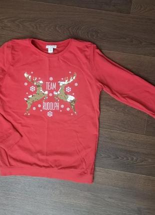 Новогодний свитшот с оленями в пайетках оленя рыжеольф 13 14 лет 158-162 рост нового года редво