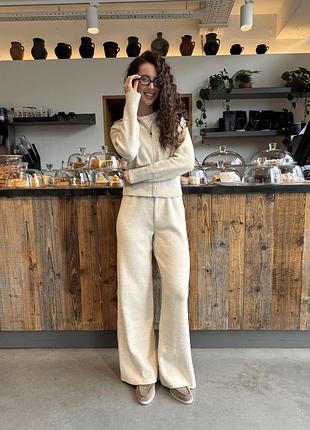 Теплый вязаный костюм кардиган на молнии и брюки шерсть