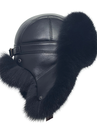 Унісекс зимова хутряна шапка вушанка з натурального хутра песця чорний